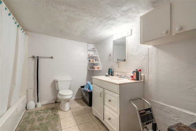 449 3rd St, Daytona Beach, FL 32117 - bathroom with vanity, a textured ceiling, toilet, tile patterned flooring, and shower / bath combination with curtain