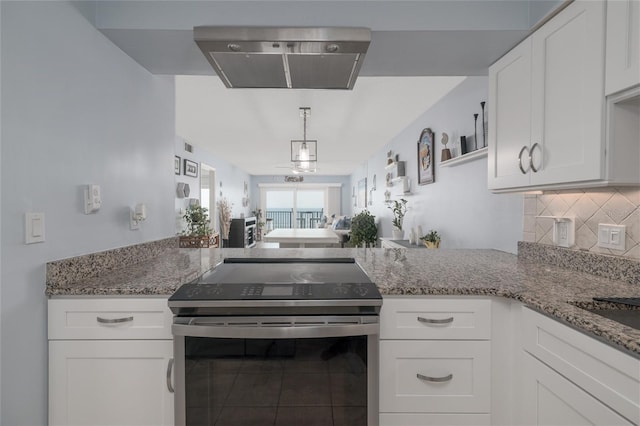 2222 Ocean Shore Blvd Unit 304B, Ormond Beach, FL 32176 - kitchen featuring electric range, a peninsula, white cabinets, backsplash, and light stone countertops