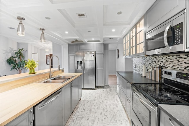 901 Vicksburg St, Deltona, FL 32725 - kitchen featuring stainless steel appliances, a sink, gray cabinets, wooden counters, and tasteful backsplash