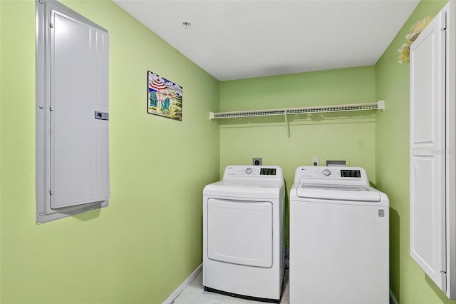 3315 S Atlantic Ave Unit 1406, Daytona Beach Shores, FL 32118 - laundry room featuring washer and dryer, electric panel, and baseboards
