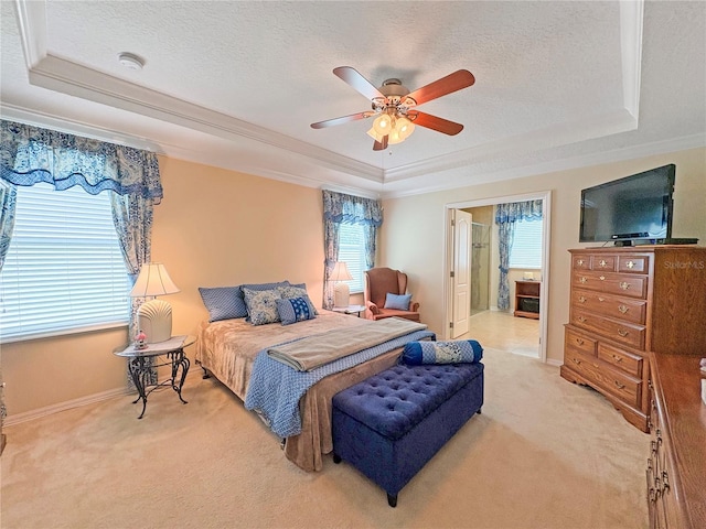 110 No Name Key Dr, Deland, FL 32720 - bedroom with a tray ceiling, light carpet, multiple windows, ornamental molding, and a textured ceiling