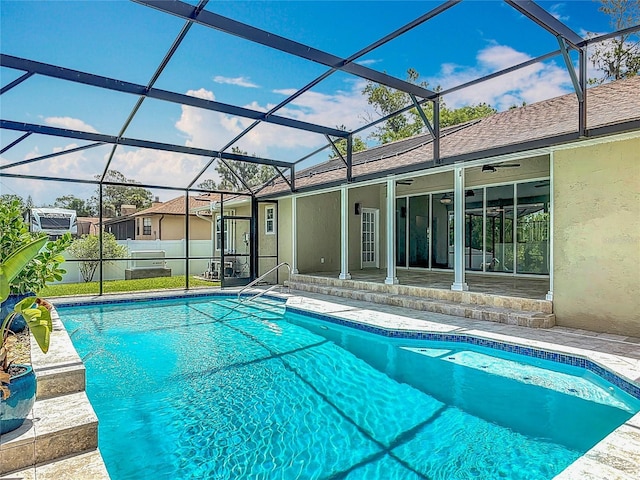 1520 Stone Trl, Enterprise, FL 32725 - outdoor pool with a patio, a lanai, and a ceiling fan