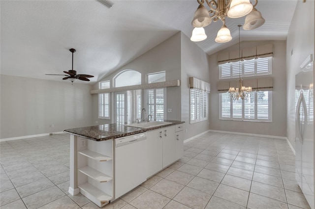 438 Harbour Town Ln, Ormond Beach, FL 32174 - kitchen with a chandelier, dishwasher, open shelves, a sink, and high vaulted ceiling