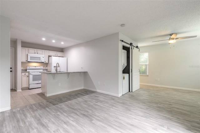 1401 S Palmetto Ave Unit 119, Daytona Beach, FL 32114 - kitchen with white appliances, a barn door, a peninsula, open floor plan, and light wood-type flooring