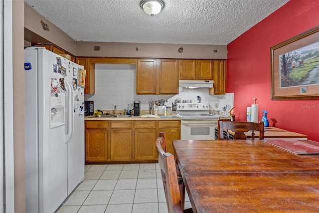 137 Fort Smith Blvd, Deltona, FL 32738 - kitchen with white appliances, under cabinet range hood, tasteful backsplash, a sink, and a textured ceiling