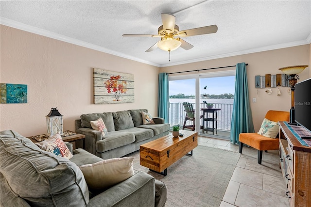 2711 N Halifax Ave Unit 264, Daytona Beach, FL 32118 - living area featuring ceiling fan, crown molding, a textured ceiling, and light tile patterned flooring