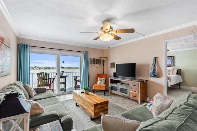 2711 N Halifax Ave Unit 264, Daytona Beach, FL 32118 - living room with a ceiling fan, light tile patterned floors, a textured ceiling, and crown molding
