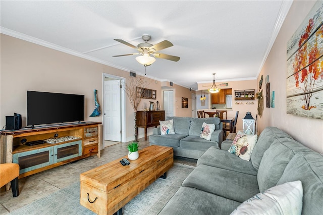 2711 N Halifax Ave Unit 264, Daytona Beach, FL 32118 - living room with ornamental molding, a ceiling fan, and light tile patterned flooring
