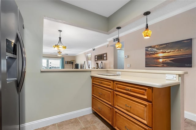 2711 N Halifax Ave Unit 264, Daytona Beach, FL 32118 - kitchen with stainless steel fridge with ice dispenser, brown cabinetry, baseboards, light countertops, and ceiling fan