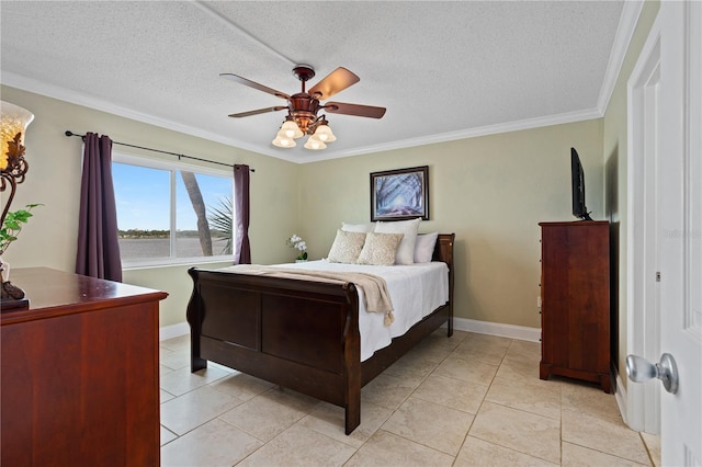 2711 N Halifax Ave Unit 264, Daytona Beach, FL 32118 - bedroom featuring a textured ceiling, crown molding, baseboards, ceiling fan, and a water view
