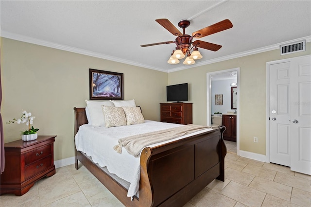 2711 N Halifax Ave Unit 264, Daytona Beach, FL 32118 - bedroom with crown molding, light tile patterned floors, baseboards, and ensuite bath