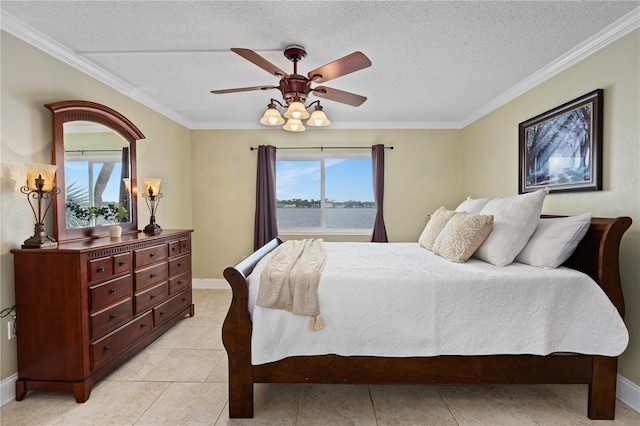 2711 N Halifax Ave Unit 264, Daytona Beach, FL 32118 - bedroom featuring a textured ceiling, crown molding, a ceiling fan, a water view, and baseboards