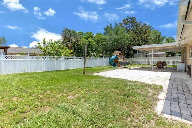 833 Lucerne Cir, Ormond Beach, FL 32174 - view of yard with a playground, a patio, and a ceiling fan