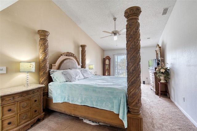 721 Laurel Bay Cir, New Smyrna Beach, FL 32169 - bedroom featuring light carpet, a textured ceiling, lofted ceiling, ceiling fan, and access to exterior