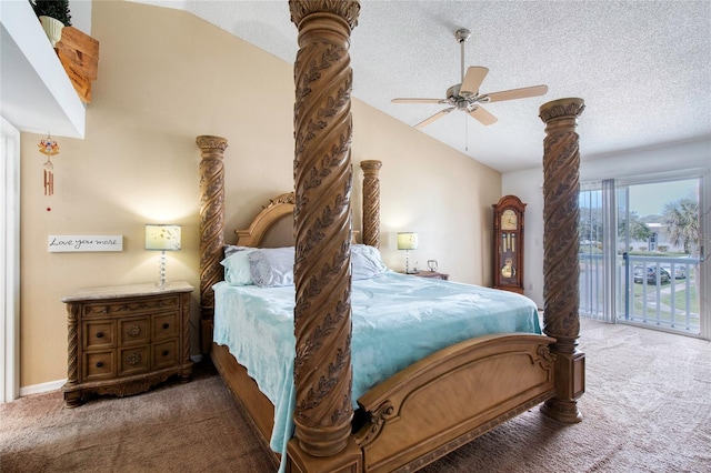721 Laurel Bay Cir, New Smyrna Beach, FL 32169 - bedroom with carpet floors, access to exterior, a textured ceiling, ceiling fan, and lofted ceiling