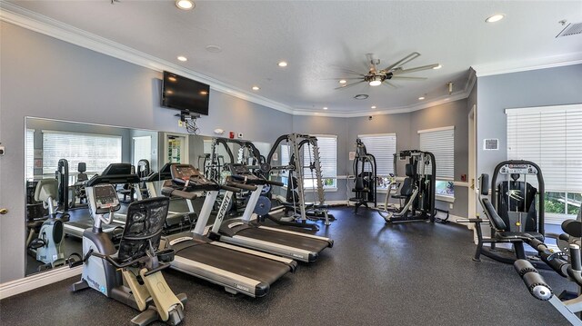 940 Village Trl Unit 8-205, Port Orange, FL 32127 - exercise room featuring a ceiling fan, recessed lighting, and ornamental molding