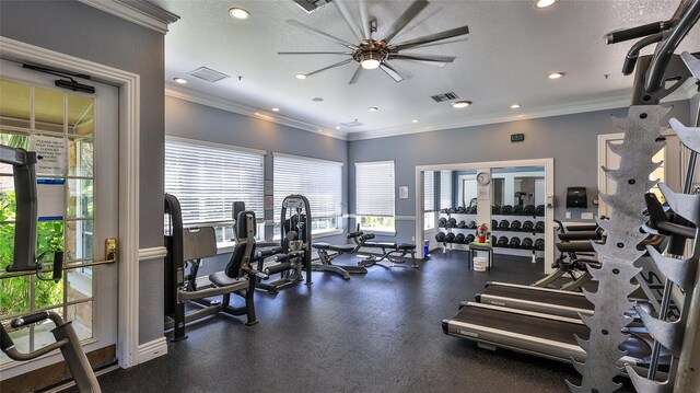 940 Village Trl Unit 8-205, Port Orange, FL 32127 - exercise room featuring ceiling fan, recessed lighting, and crown molding