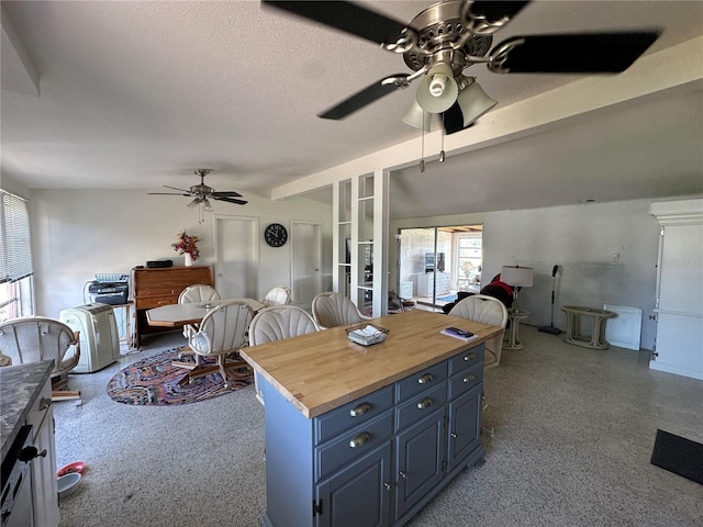 29146 Tamayo Dr, Punta Gorda, FL 33982 - kitchen with ceiling fan, blue cabinetry, healthy amount of natural light, wood counters, and a textured ceiling