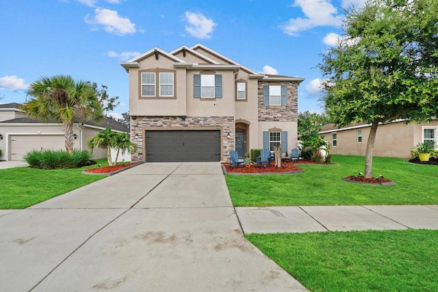 7114 Mill Hopper Ct, Palmetto, FL 34221 - view of front facade featuring stone siding, concrete driveway, stucco siding, a front lawn, and an attached garage