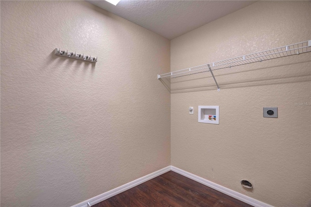 6 Laurel Pass Ct, Ocala, FL 34480 - laundry room featuring hookup for an electric dryer, dark wood-style flooring, washer hookup, baseboards, and a textured wall