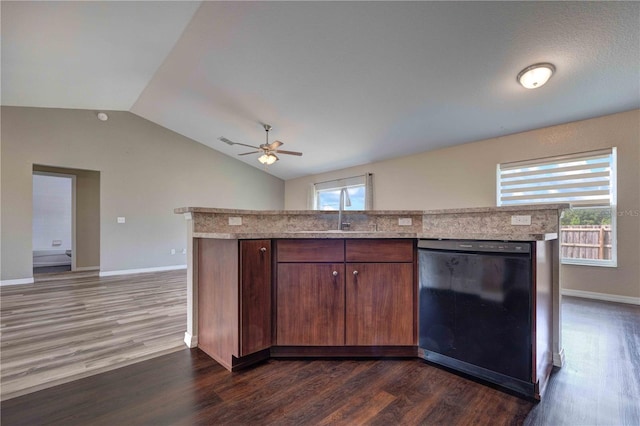 6 Laurel Pass Ct, Ocala, FL 34480 - kitchen with dishwasher, a sink, a ceiling fan, vaulted ceiling, and dark wood-style floors
