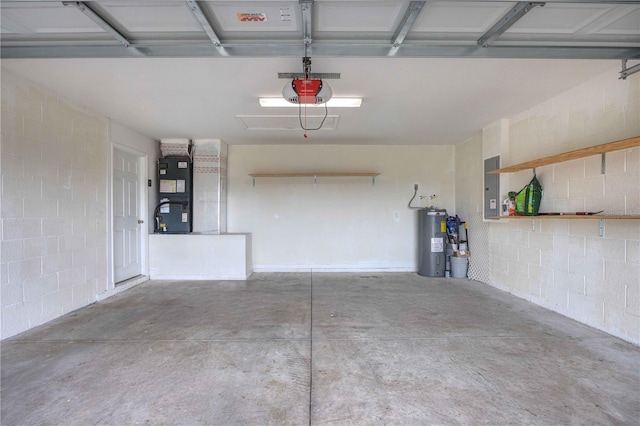 6 Laurel Pass Ct, Ocala, FL 34480 - garage featuring electric water heater, electric panel, heating unit, a garage door opener, and concrete block wall