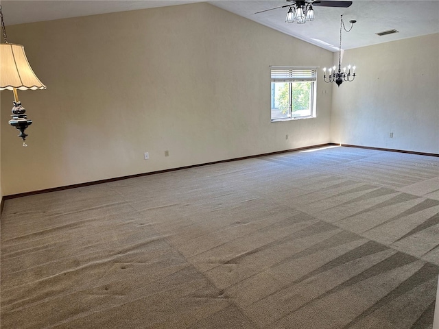 96 Old Barn Trl, Ormond Beach, FL 32174 - spare room with ceiling fan, carpet floors, lofted ceiling, a chandelier, and baseboards