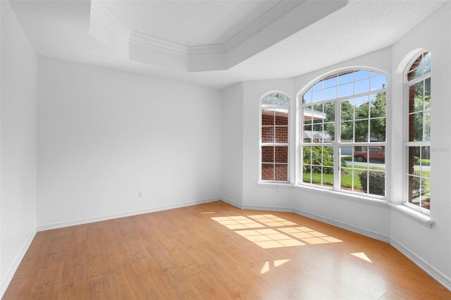 802 Royal Oak Ct, Deland, FL 32724 - unfurnished room featuring ornamental molding, wood finished floors, a tray ceiling, baseboards, and a textured ceiling