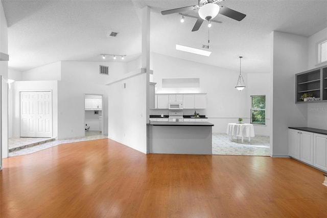 802 Royal Oak Ct, Deland, FL 32724 - unfurnished living room featuring a ceiling fan, light wood finished floors, high vaulted ceiling, track lighting, and a skylight