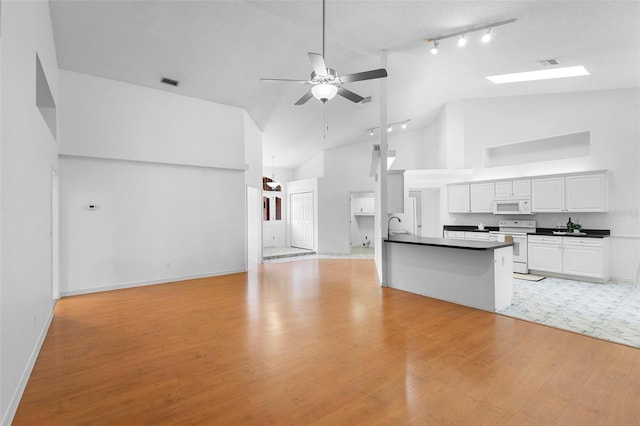 802 Royal Oak Ct, Deland, FL 32724 - unfurnished living room with rail lighting, high vaulted ceiling, light wood-style flooring, a ceiling fan, and baseboards