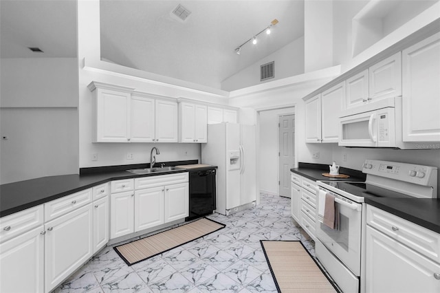 802 Royal Oak Ct, Deland, FL 32724 - kitchen with white appliances, a sink, dark countertops, white cabinetry, and high vaulted ceiling