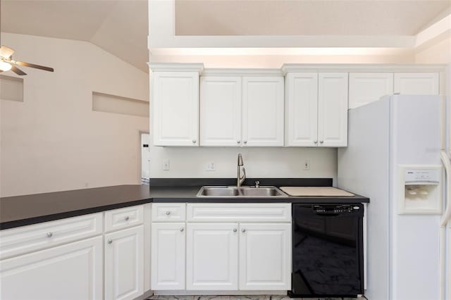 802 Royal Oak Ct, Deland, FL 32724 - kitchen featuring black dishwasher, a sink, white fridge with ice dispenser, lofted ceiling, and dark countertops