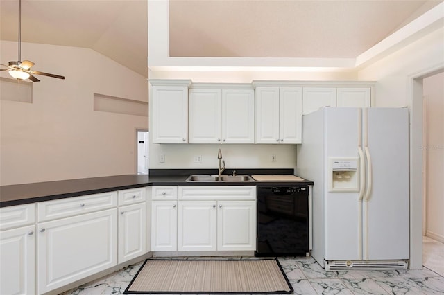 802 Royal Oak Ct, Deland, FL 32724 - kitchen with white fridge with ice dispenser, black dishwasher, a sink, light marble finish floors, and dark countertops