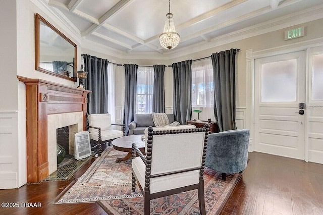 404 S Ridgewood Ave, Daytona Beach, FL 32114 - living room with dark wood-type flooring, a premium fireplace, a decorative wall, coffered ceiling, and beam ceiling