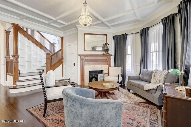 404 S Ridgewood Ave, Daytona Beach, FL 32114 - living area featuring coffered ceiling, hardwood / wood-style flooring, stairway, beam ceiling, and a high end fireplace