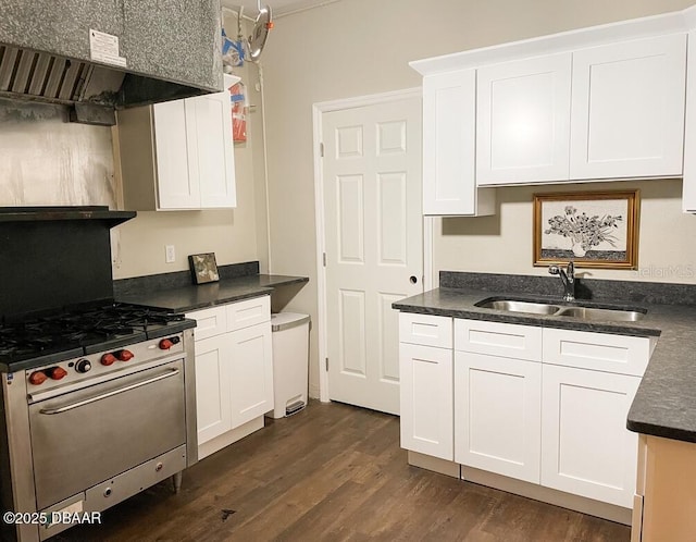 404 S Ridgewood Ave, Daytona Beach, FL 32114 - kitchen featuring a sink, ventilation hood, stainless steel range with gas stovetop, dark wood-style flooring, and white cabinetry