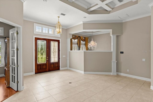 1324 Dovercourt Ln, Ormond Beach, FL 32174 - tiled entrance foyer featuring a chandelier, french doors, healthy amount of natural light, crown molding, and coffered ceiling