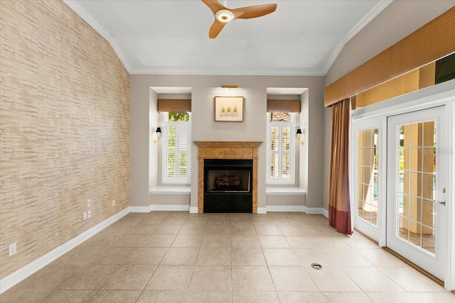 1324 Dovercourt Ln, Ormond Beach, FL 32174 - unfurnished living room with crown molding, ceiling fan, a fireplace, baseboards, and light tile patterned floors