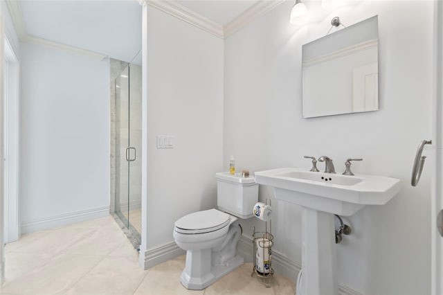 2275 Genesea Ln, Vero Beach, FL 32963 - bathroom featuring toilet, a shower stall, ornamental molding, baseboards, and tile patterned floors