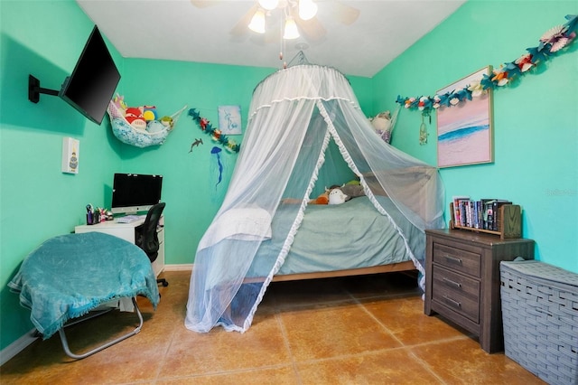 3671 Plantation Dr, Ormond Beach, FL 32174 - bedroom featuring ceiling fan and concrete floors