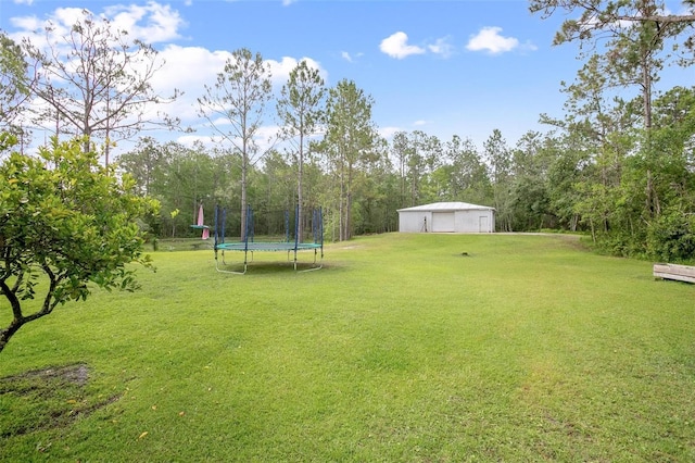 3671 Plantation Dr, Ormond Beach, FL 32174 - view of green lawn with a trampoline and a detached garage