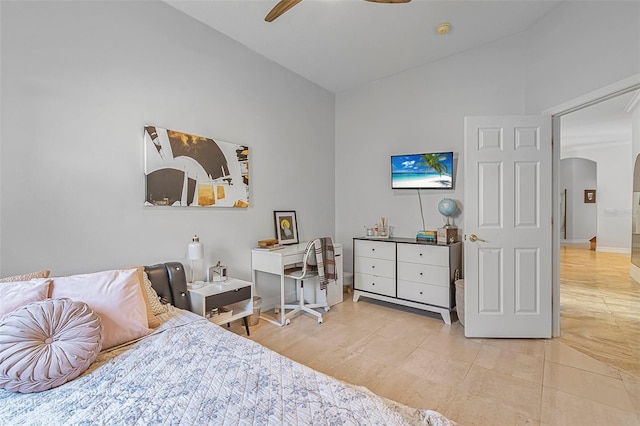 45 Saint Andrews Ct, Palm Coast, FL 32137 - bedroom featuring arched walkways, vaulted ceiling, and ceiling fan