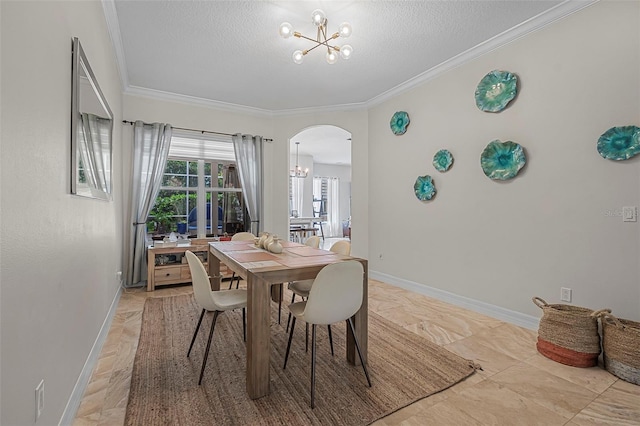 45 Saint Andrews Ct, Palm Coast, FL 32137 - dining room with a chandelier, arched walkways, ornamental molding, a textured ceiling, and light marble finish floors