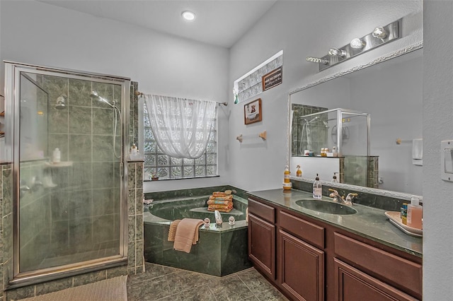 45 Saint Andrews Ct, Palm Coast, FL 32137 - bathroom featuring a shower stall, vanity, a garden tub, and tile patterned flooring