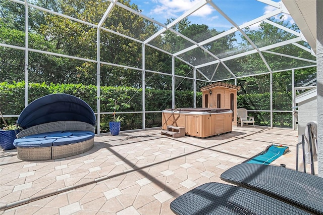 45 Saint Andrews Ct, Palm Coast, FL 32137 - view of patio with a hot tub, glass enclosure, and a storage shed