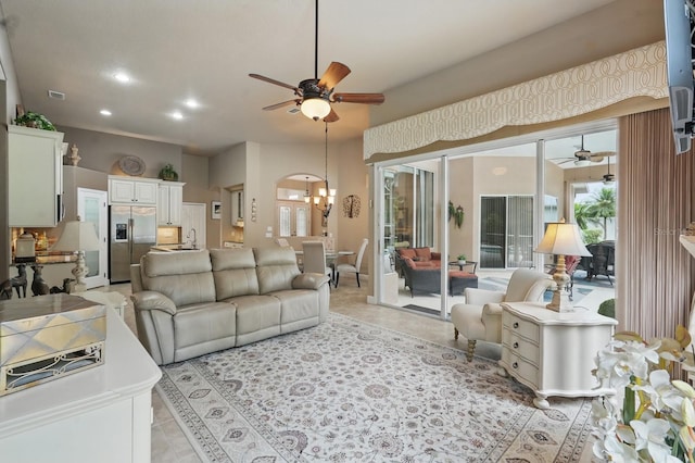 33 Coquina Ridge Way, Ormond Beach, FL 32174 - living area with a ceiling fan, recessed lighting, and light tile patterned floors