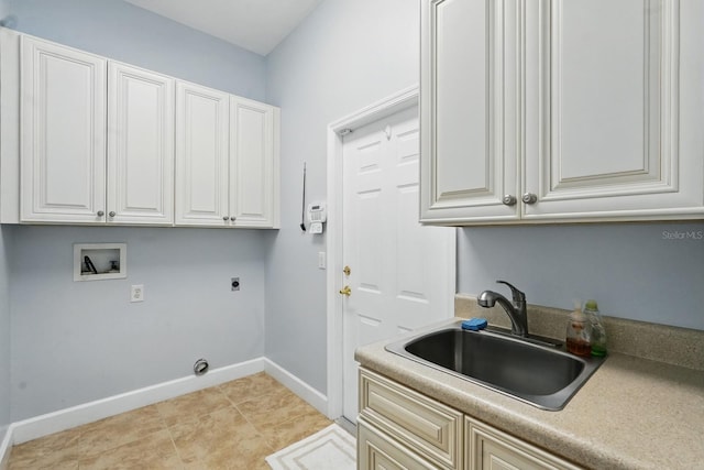 33 Coquina Ridge Way, Ormond Beach, FL 32174 - washroom featuring cabinet space, hookup for a washing machine, electric dryer hookup, baseboards, and light tile patterned flooring