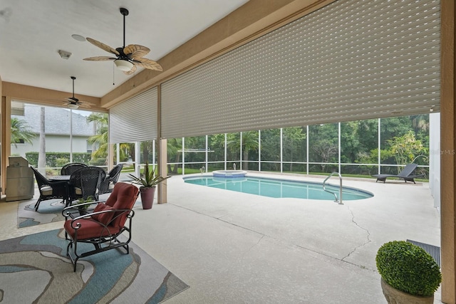 33 Coquina Ridge Way, Ormond Beach, FL 32174 - view of pool featuring a patio, a ceiling fan, a lanai, and a pool with connected hot tub
