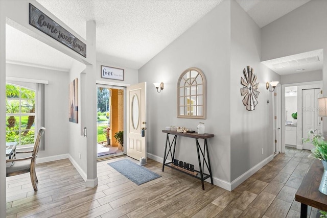 3132 Mango Tree Dr, Edgewater, FL 32141 - foyer featuring plenty of natural light, wood finished floors, lofted ceiling, and a textured ceiling