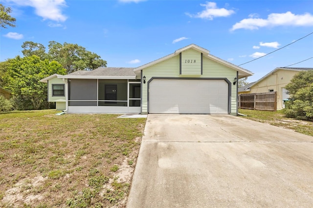 1018 E Gaucho Cir, Deltona, FL 32725 - single story home featuring a garage, a sunroom, concrete driveway, and a shingled roof